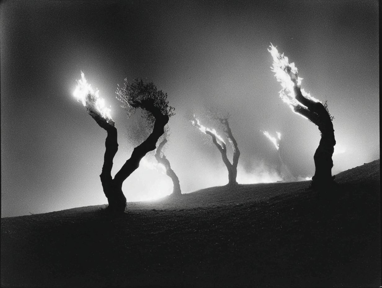 Ancient olive trees burning on a hillside.