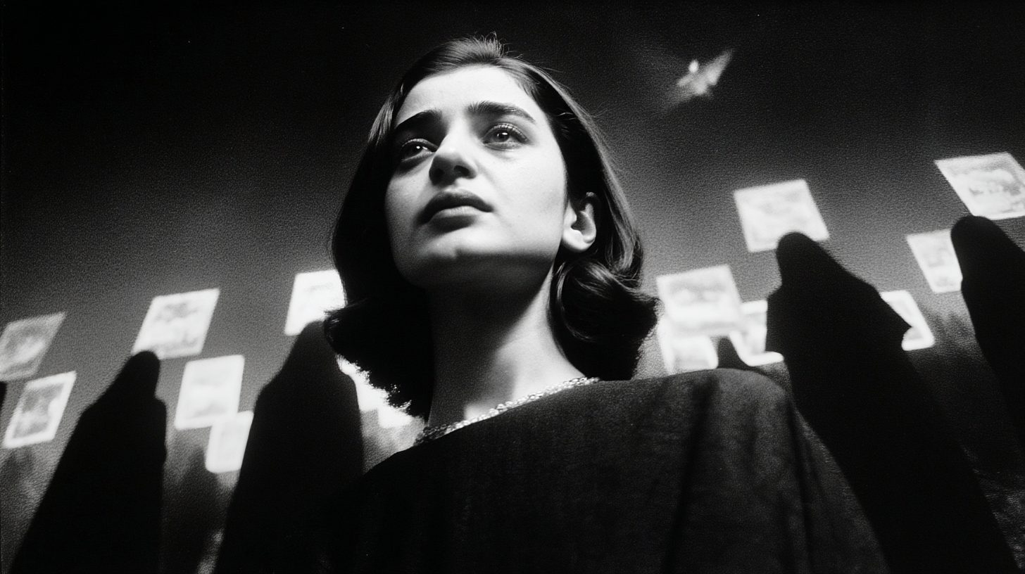 A young woman among families holding photographs of the disappeared.